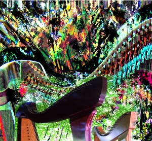 image of harp with colours, harp lessons, harp concert, harp